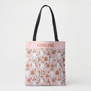 Personalised Cute Boho Halloween Ghost Pink Floral Tote Bag
