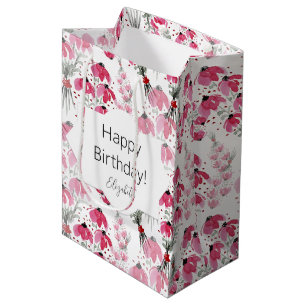 Personalised Cute Boho Pink Watercolor Floral Medium Gift Bag