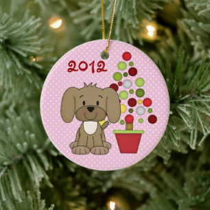 Personalised Cute Brown Dog with Christmas Tree Ceramic Tree Decoration