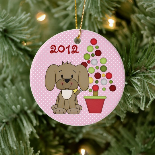 Personalised Cute Brown Dog with Christmas Tree Ceramic Tree Decoration (Tree)