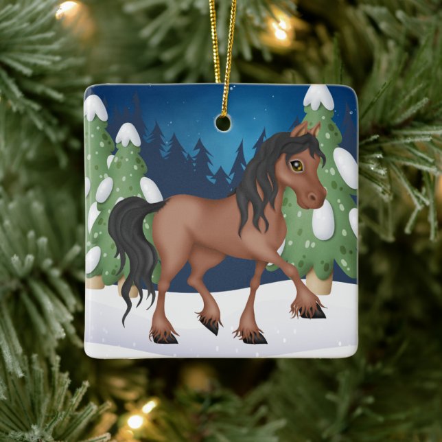 Personalised Cute Brown Horse Christmas Ceramic Ornament (Tree)