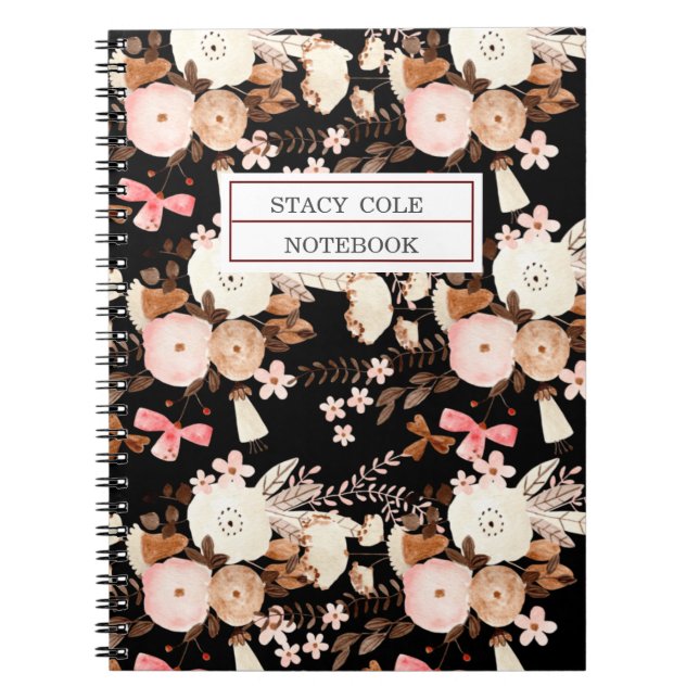Personalised Cute Brown Pink Watercolor Floral  Notebook (Front)
