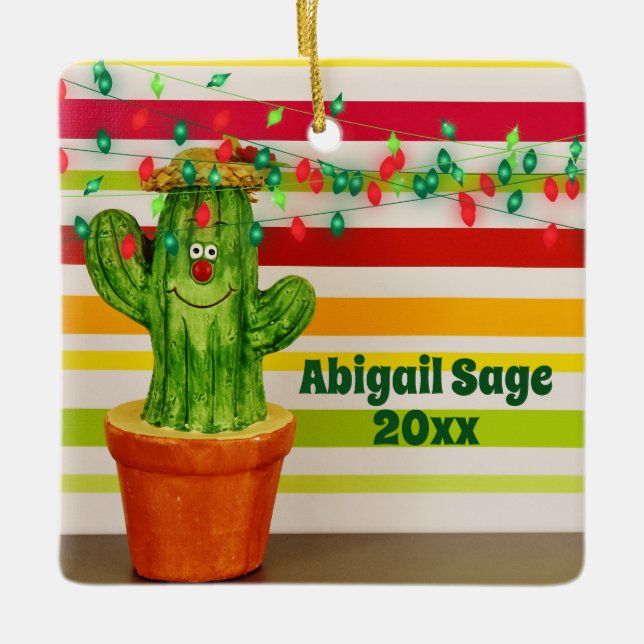 Personalised Cute Cactus Southwestern Christmas Ceramic Ornament (Front)