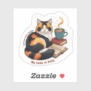 Personalised Cute Calico Cat Reading Vinyl Sticker