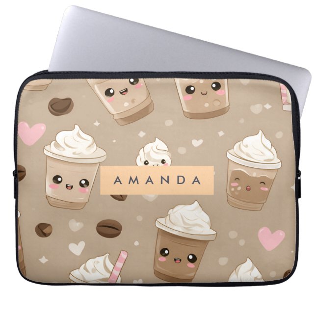 Personalised Cute Cappuccino Pattern Laptop Sleeve (Front)