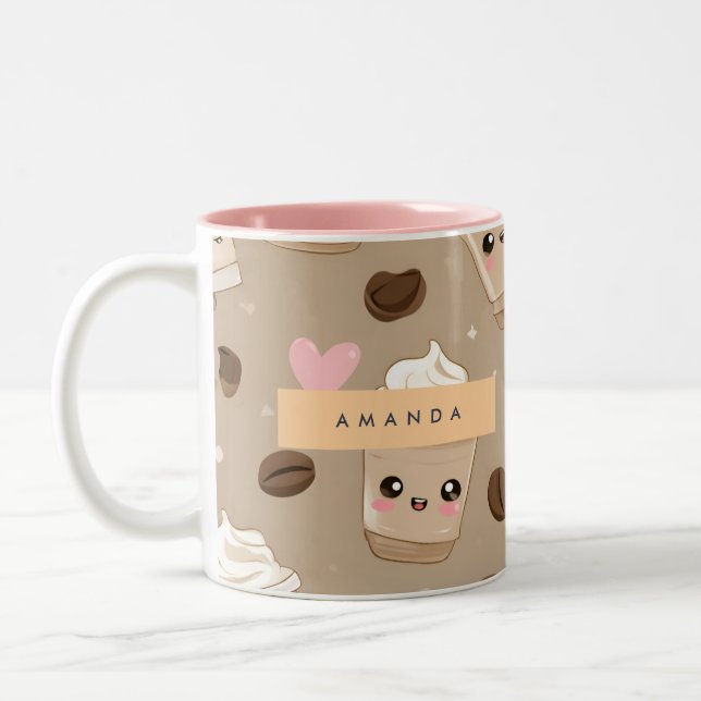 Personalised Cute Cappuccino Pattern Two-Tone Coffee Mug (Left)