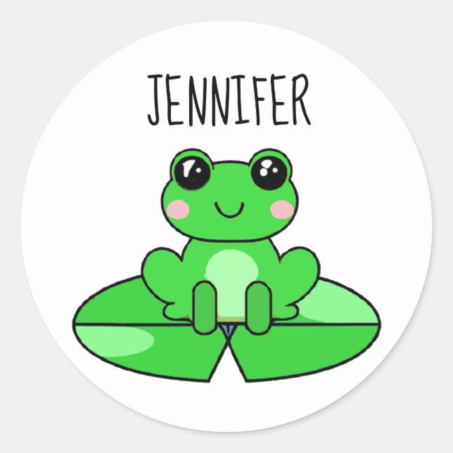 Personalised Cute Cartoon Frog on a Lily Pad Classic Round Sticker (Front)