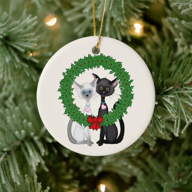 Personalised Cute Cat Couple and Wreath Christmas Ceramic Tree Decoration (Tree)