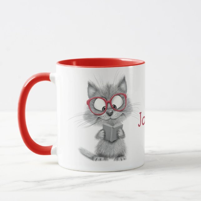 Personalised Cute Cat Reading Mug with Red Handle (Left)
