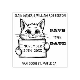 Personalised Cute Cat Save the DateWood Art Stamp