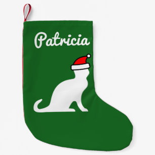 Personalised cute cat with Santa hat red and green Small Christmas Stocking