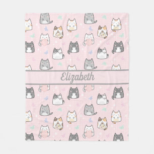 Personalised Cute Cats Whimsical Grey Pink Fleece Blanket