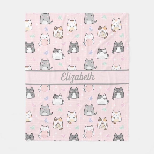 Personalised Cute Cats Whimsical Grey Pink  Fleece Blanket (Front)