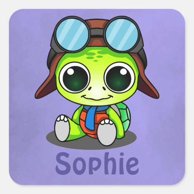 Personalised Cute Chibi Cartoon Turtle Square Sticker (Front)