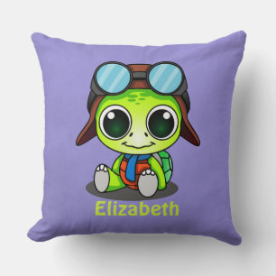 Personalised Cute Chibi Turtle in Aviator Hat Cushion