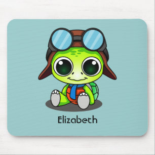 Personalised Cute Chibi Turtle in Aviator Hat Mouse Pad