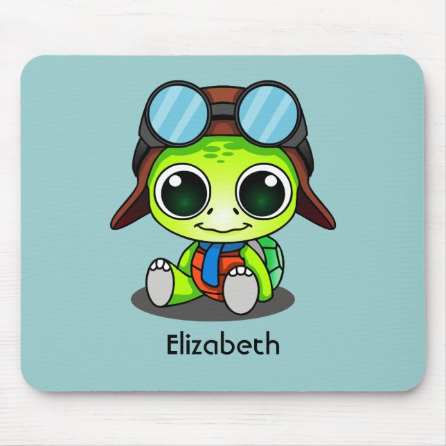 Personalised Cute Chibi Turtle in Aviator Hat Mouse Pad (Front)