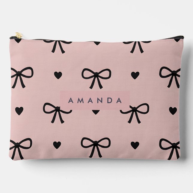 Personalised Cute Chic Pink Bow & Heart Pattern Accessory Pouch (Front)