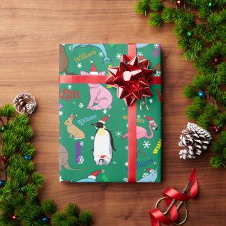 Personalised Cute Christmas Animals in Santa Hats Wrapping Paper