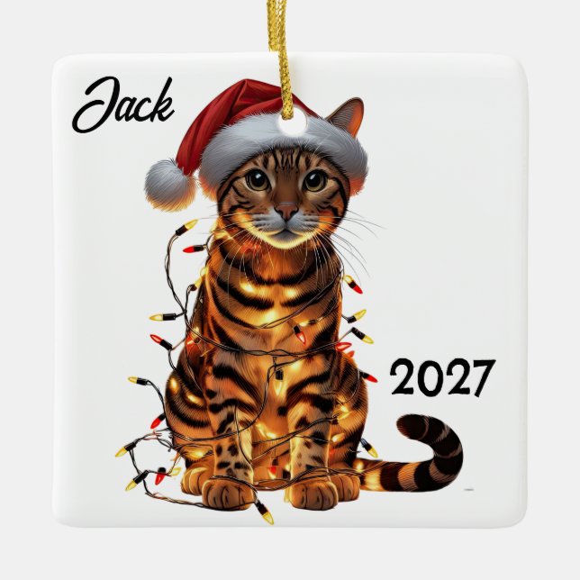Personalised Cute Christmas Bengal Cat  Ceramic Ornament (Front)