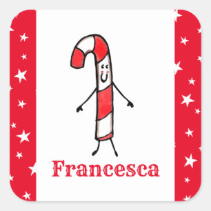 Personalised Cute Christmas Candy Cane Square Sticker