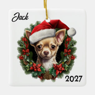 Personalised Cute Christmas Chihuahua in a Wreath Ceramic Ornament
