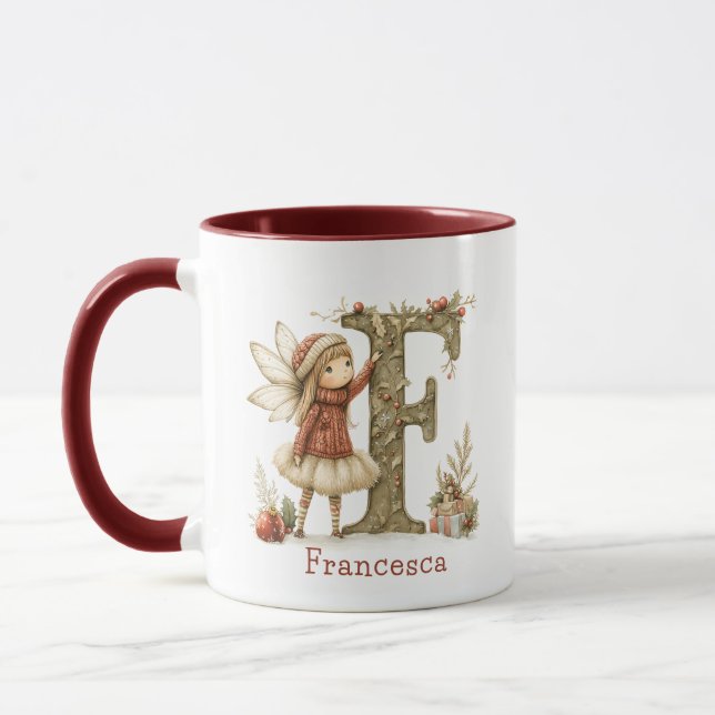 Personalised Cute Christmas Fairy Initial Keepsake Mug (Left)