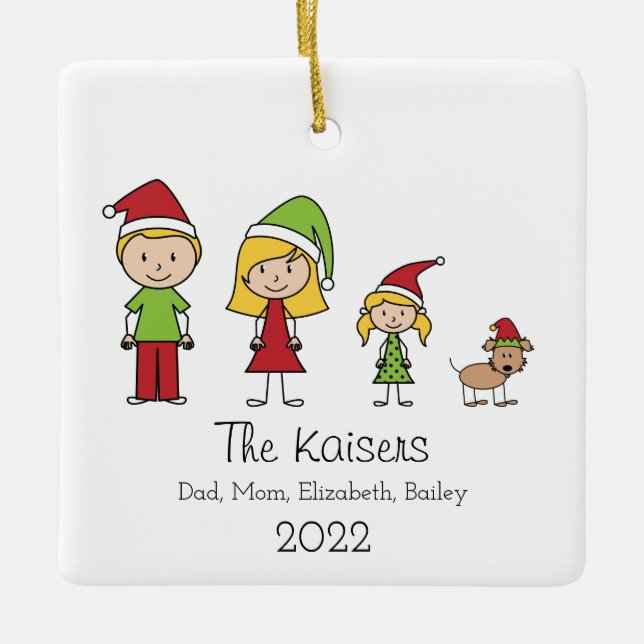 Personalised Cute Christmas Family of 3 With Dog  Ceramic Ornament (Front)