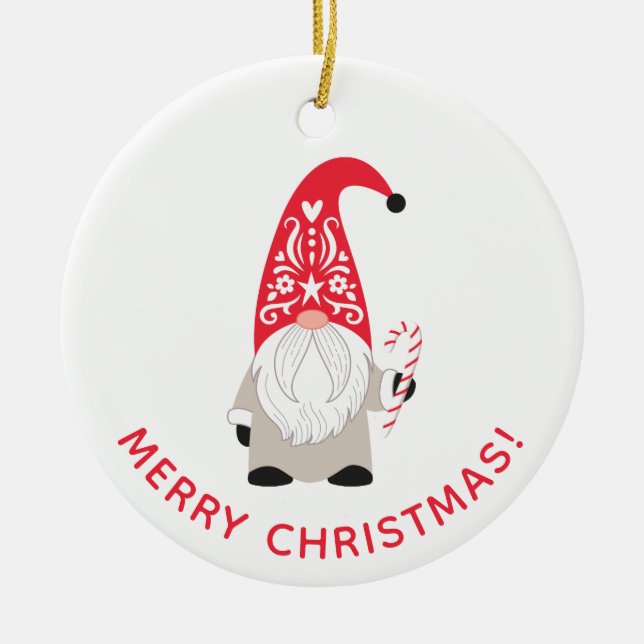 Personalised Cute Christmas Gnome Ceramic Tree Decoration (Front)