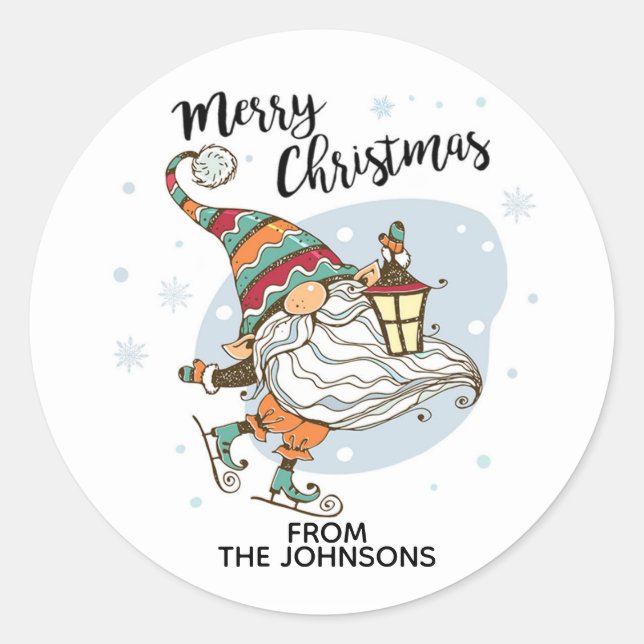 Personalised Cute Christmas Gnome Ice Skating Clas Classic Round Sticker (Front)