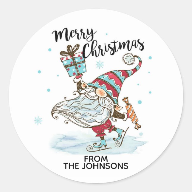 Personalised Cute Christmas Gnome Ice Skating Classic Round Sticker (Front)