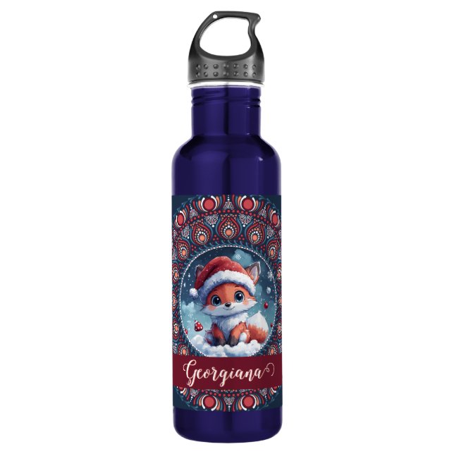 Personalised Cute Christmas Kawaii Fox Dot Mandala 710 Ml Water Bottle (Front)