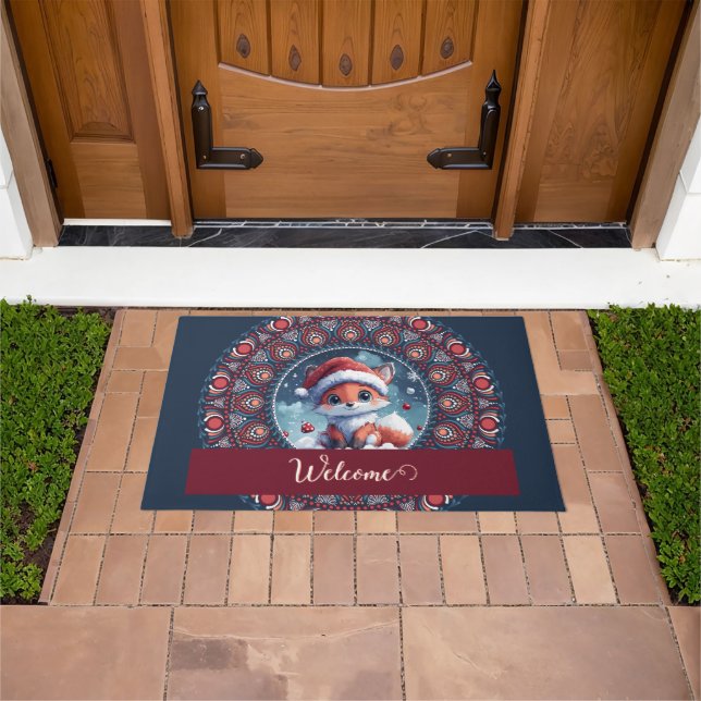 Personalised Cute Christmas Kawaii Fox Dot Mandala Doormat (Outdoor)