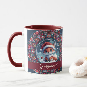 Personalised Cute Christmas Kawaii Fox Dot Mandala Mug