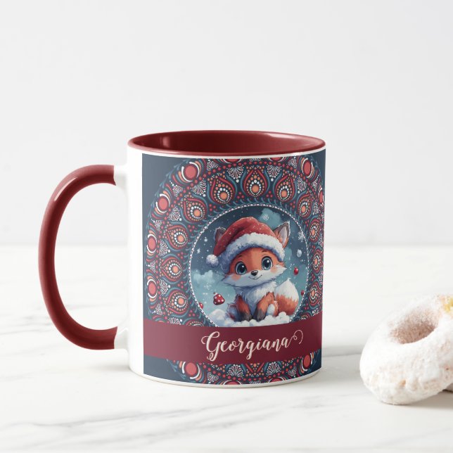 Personalised Cute Christmas Kawaii Fox Dot Mandala Mug (With Donut)