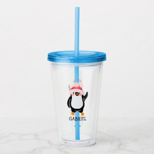 Personalised Cute Christmas Penguin in Red Hat Acrylic Tumbler