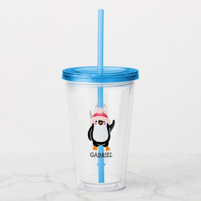 Personalised Cute Christmas Penguin in Red Hat  Acrylic Tumbler (Front)