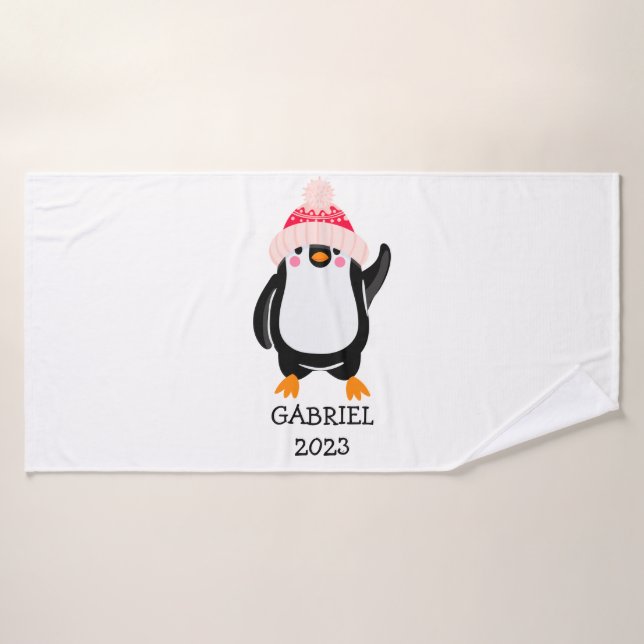 Personalised Cute Christmas Penguin in Red Hat  Bath Towel (Bath Towel)