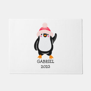 Personalised Cute Christmas Penguin in Red Hat Doormat