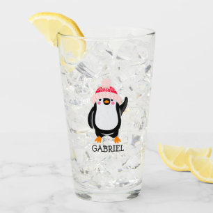 Personalised Cute Christmas Penguin in Red Hat Glass