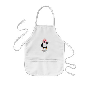 Personalised Cute Christmas Penguin in Red Hat  Kids Apron