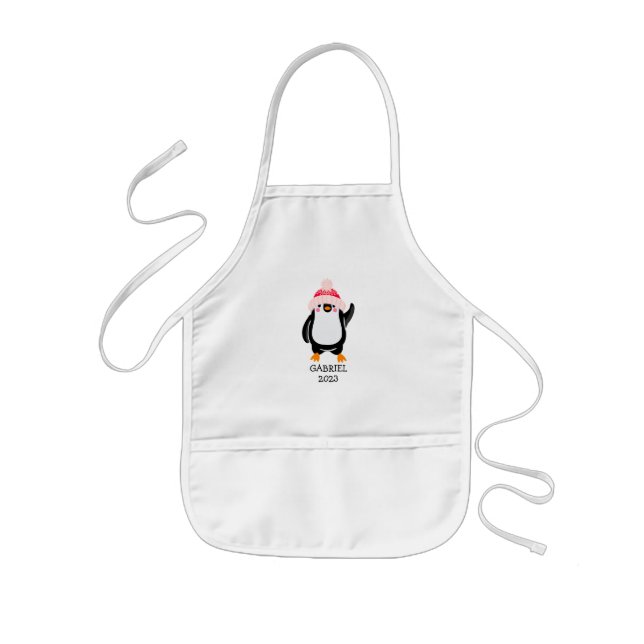 Personalised Cute Christmas Penguin in Red Hat  Kids Apron (Front)