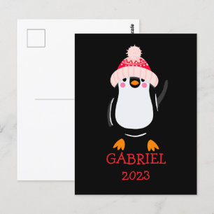 Personalised Cute Christmas Penguin in Red Hat Postcard