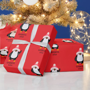 Personalised Cute Christmas Penguin in Red Hat Wrapping Paper