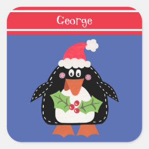Personalised Cute Christmas Penguin Square Sticker