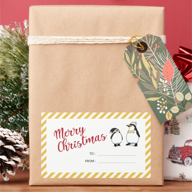 Personalised Cute Christmas Penguins  Rectangular Sticker (Holiday)