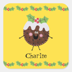 Personalised Cute Christmas Pudding Square Sticker