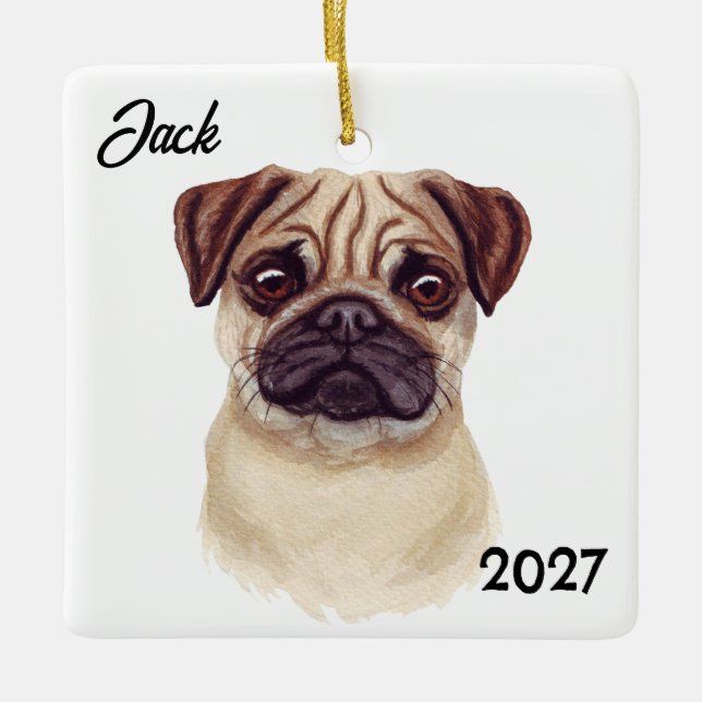 Personalised Cute Christmas Pug Ceramic Ornament (Front)