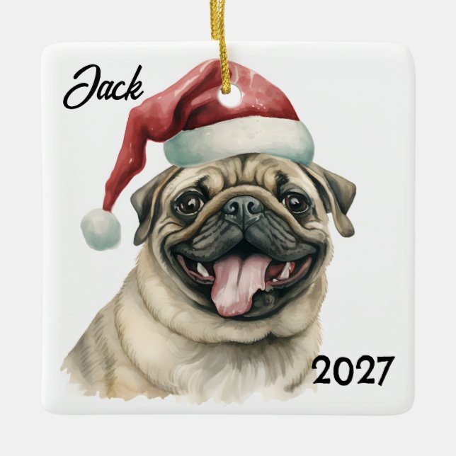 Personalised Cute Christmas Santa Pug Ceramic Ornament (Front)