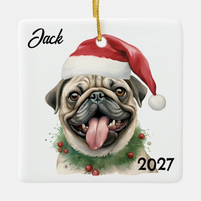 Personalised Cute Christmas Santa Pug Ceramic Ornament (Front)